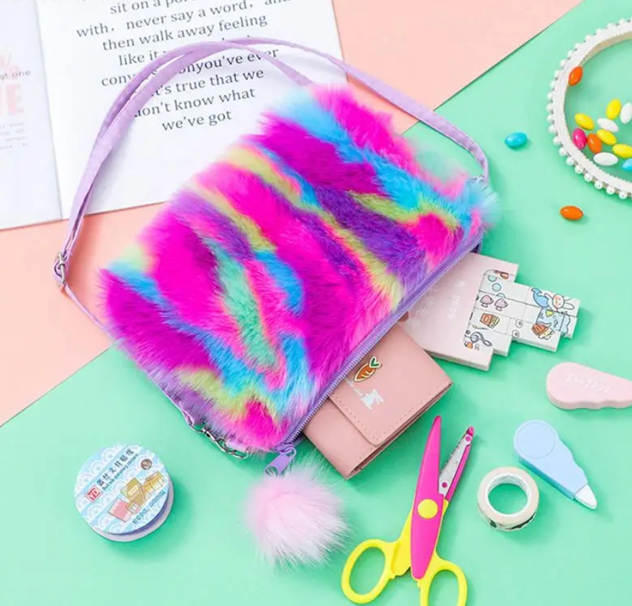 Cute Plush Rainbow Girls Handbag Furry Satchel Handbag