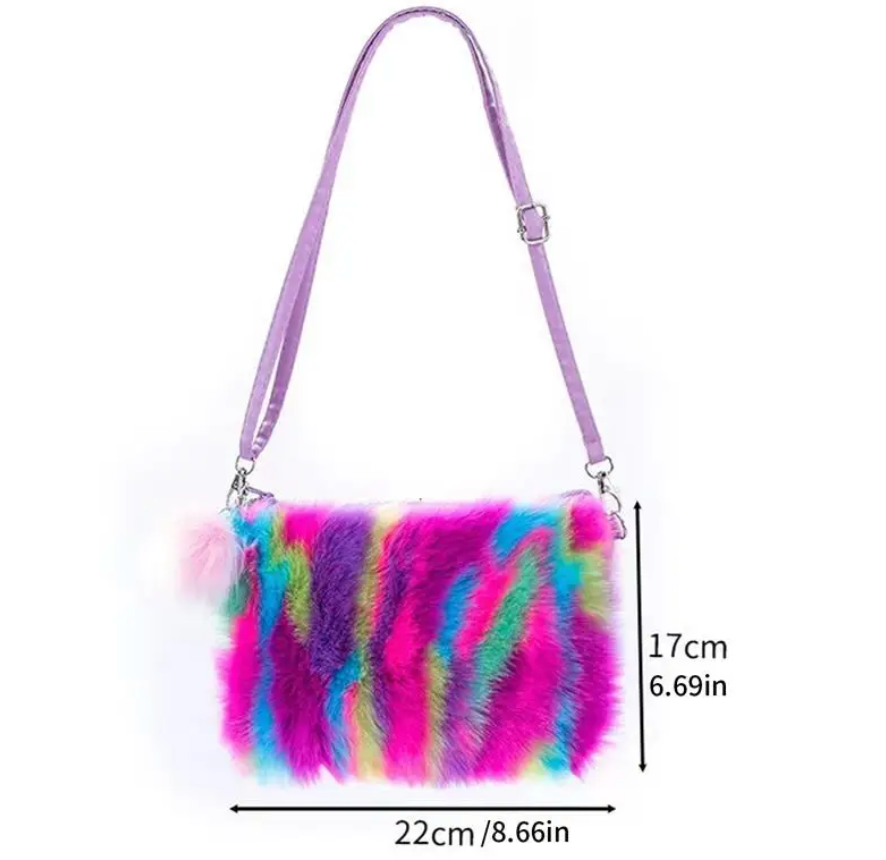 Cute Plush Rainbow Girls Handbag Furry Satchel Handbag