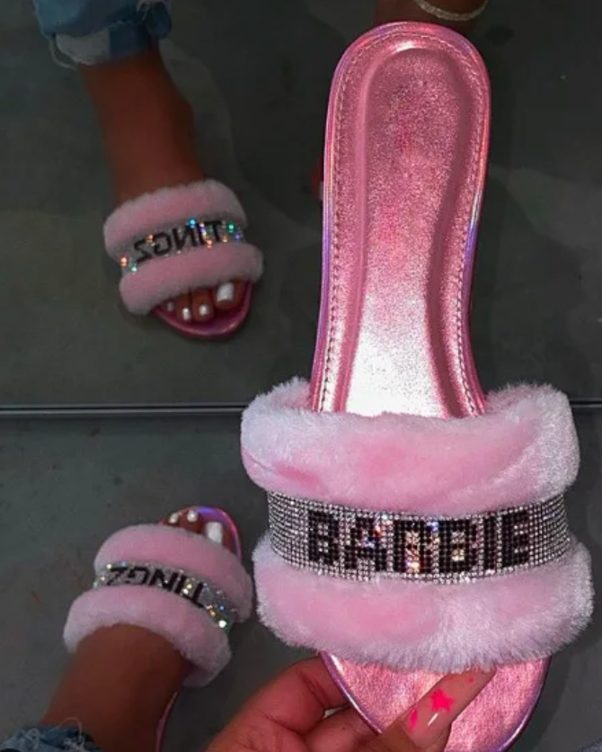 Womans Fur Rhinestone Flat Sandals Shiny Graphic Style Fashion Shoes