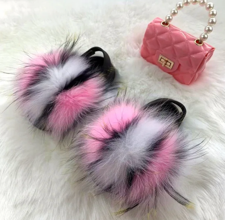 Girls Pearl Chain Handbag And Faux Fluffy Slipper Toddlers Cute Accessory Set