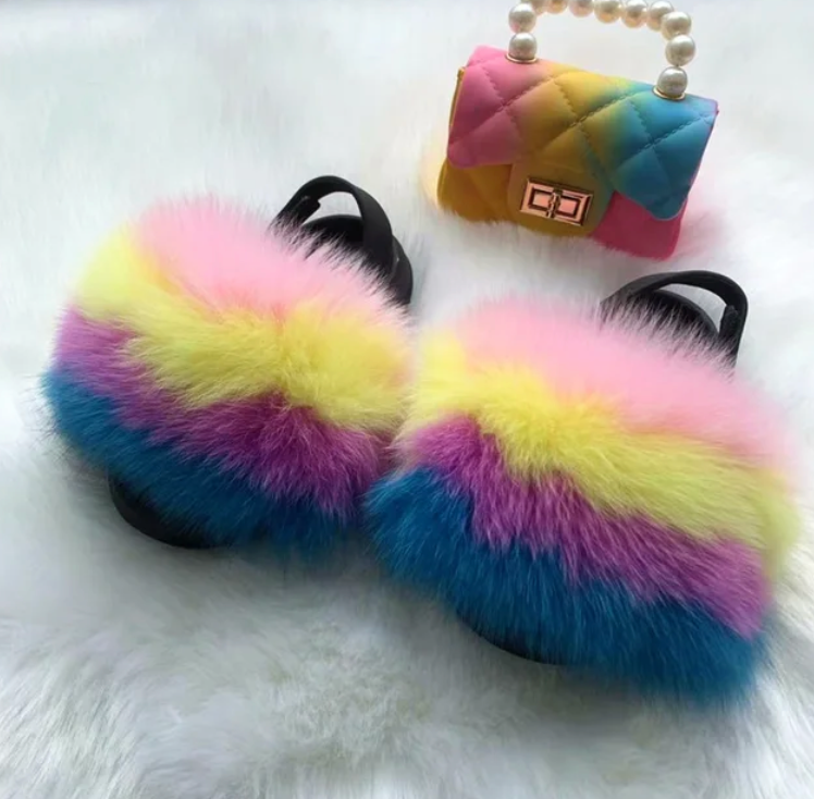 Girls Pearl Chain Handbag And Faux Fluffy Slipper Toddlers Cute Accessory Set