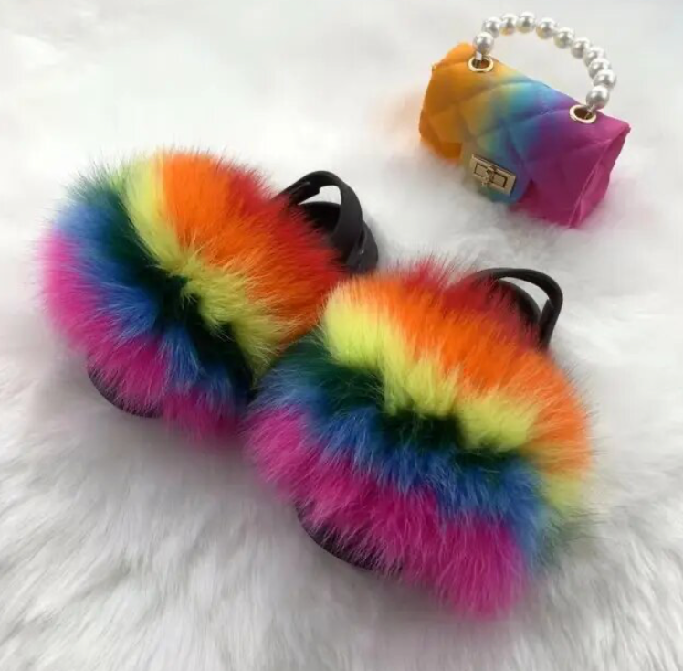 Girls Pearl Chain Handbag And Faux Fluffy Slipper Toddlers Cute Accessory Set