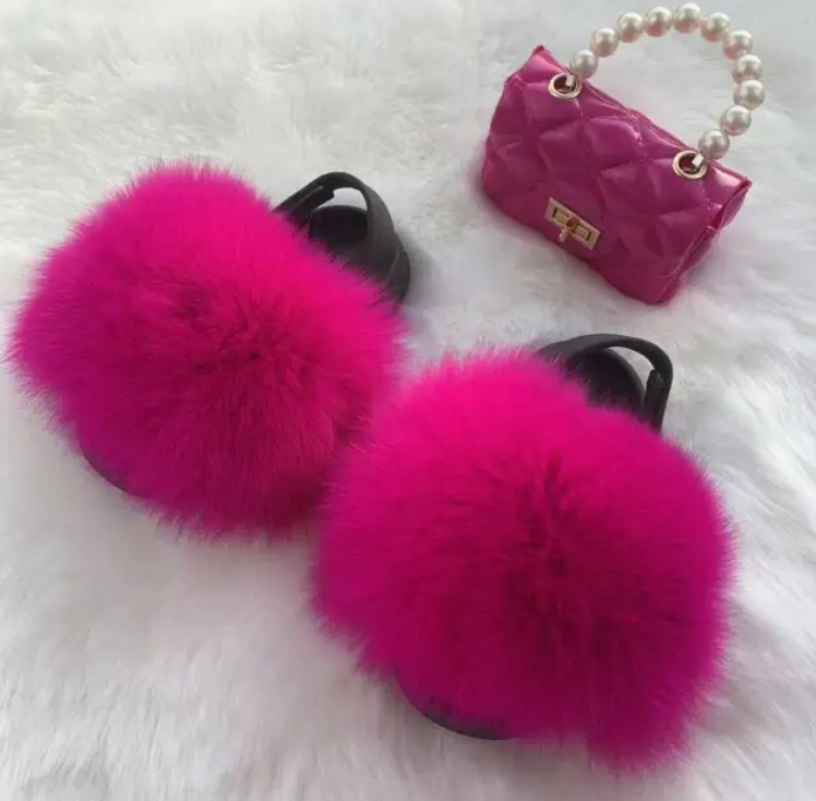 Girls Pearl Chain Handbag And Faux Fluffy Slipper Toddlers Cute Accessory Set