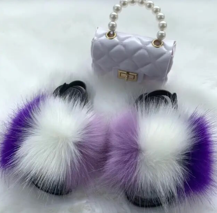 Girls Pearl Chain Handbag And Faux Fluffy Slipper Toddlers Cute Accessory Set