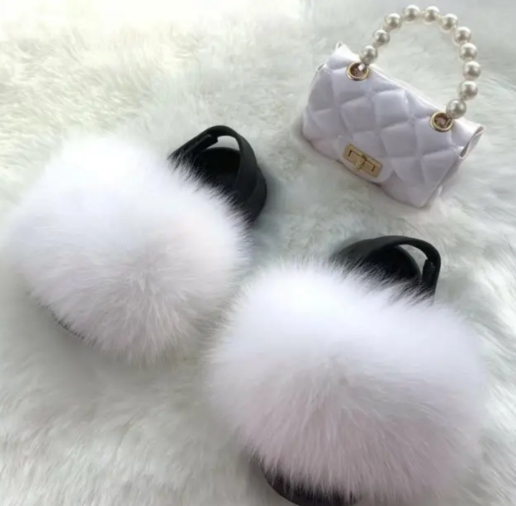 Girls Pearl Chain Handbag And Faux Fluffy Slipper Toddlers Cute Accessory Set