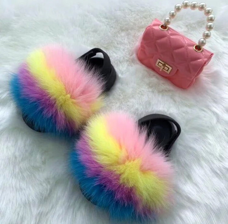 Girls Pearl Chain Handbag And Faux Fluffy Slipper Toddlers Cute Accessory Set