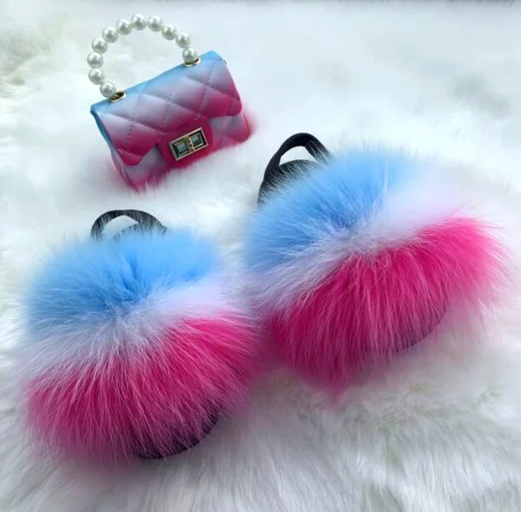 Girls Pearl Chain Handbag And Faux Fluffy Slipper Toddlers Cute Accessory Set