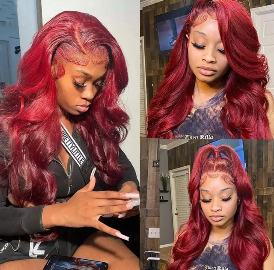 🔥99J Pre Plucked Human Hair Body Wave Burgundy Colored Brazilian Lace Front Wig