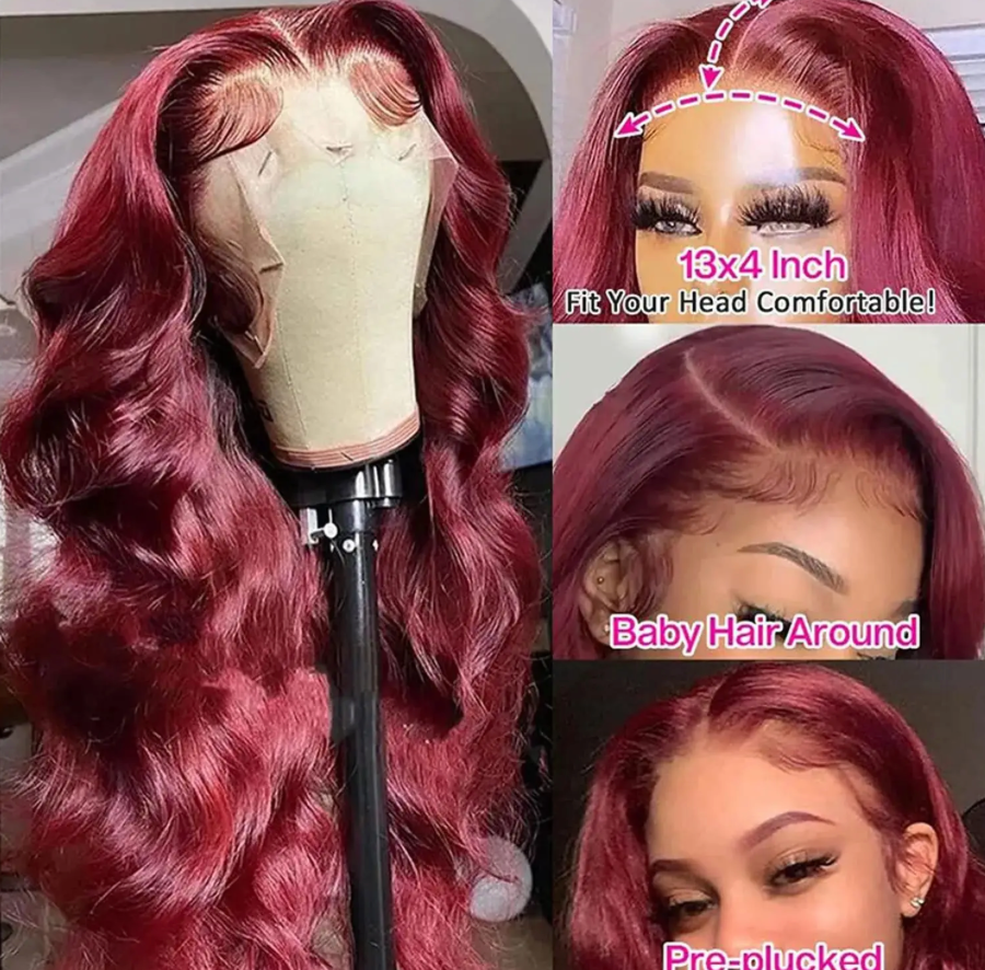 🔥99J Pre Plucked Human Hair Body Wave Burgundy Colored Brazilian Lace Front Wig