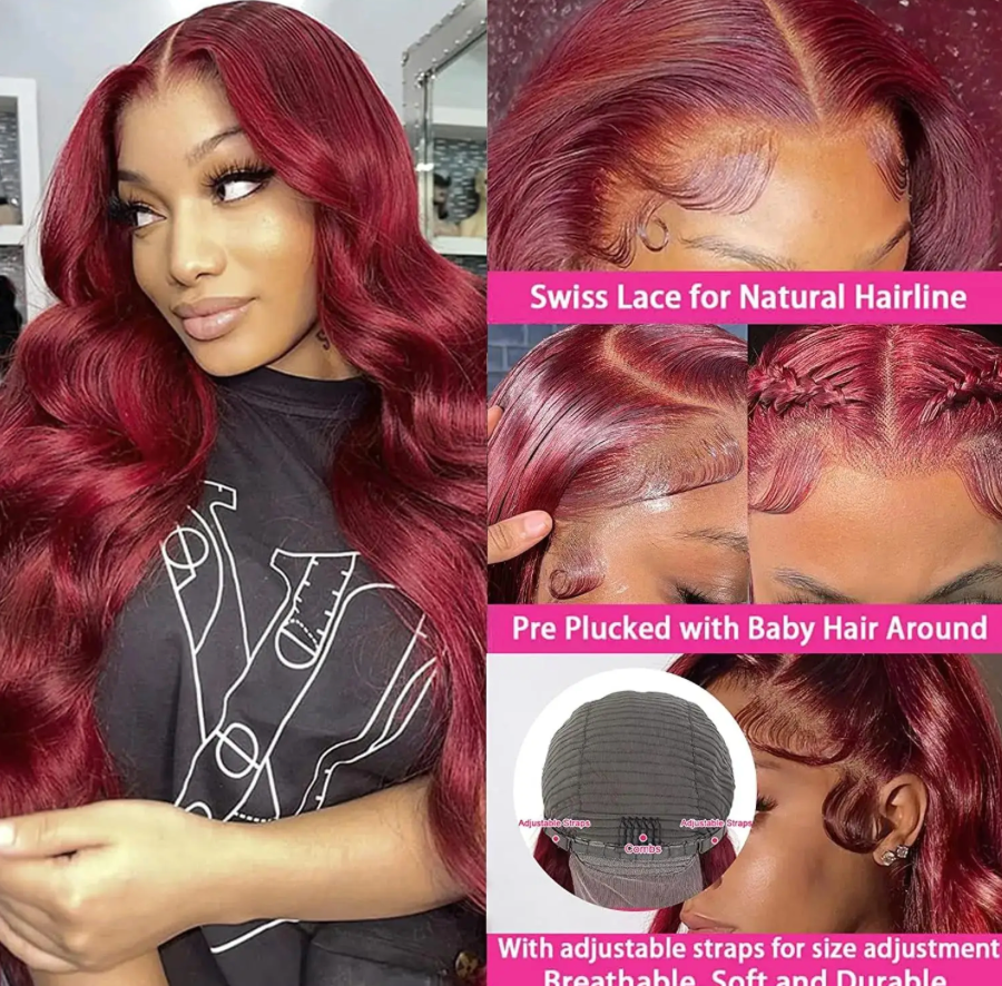 🔥99J Pre Plucked Human Hair Body Wave Burgundy Colored Brazilian Lace Front Wig