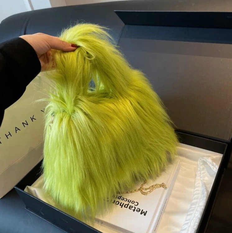 Fuzzy Faux Fur Shoulder Bag Tote Womans Plush Crossbody Handbag With Chain