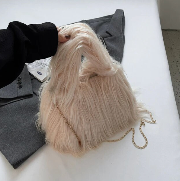 Fuzzy Faux Fur Shoulder Bag Tote Womans Plush Crossbody Handbag With Chain