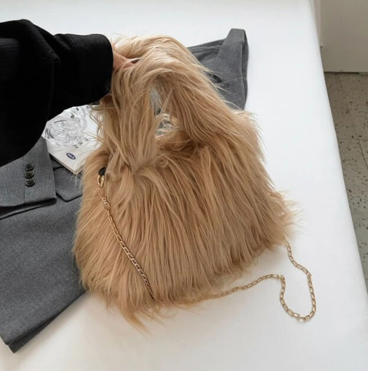 Fuzzy Faux Fur Shoulder Bag Tote Womans Plush Crossbody Handbag With Chain