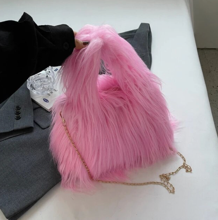 Fuzzy Faux Fur Shoulder Bag Tote Womans Plush Crossbody Handbag With Chain