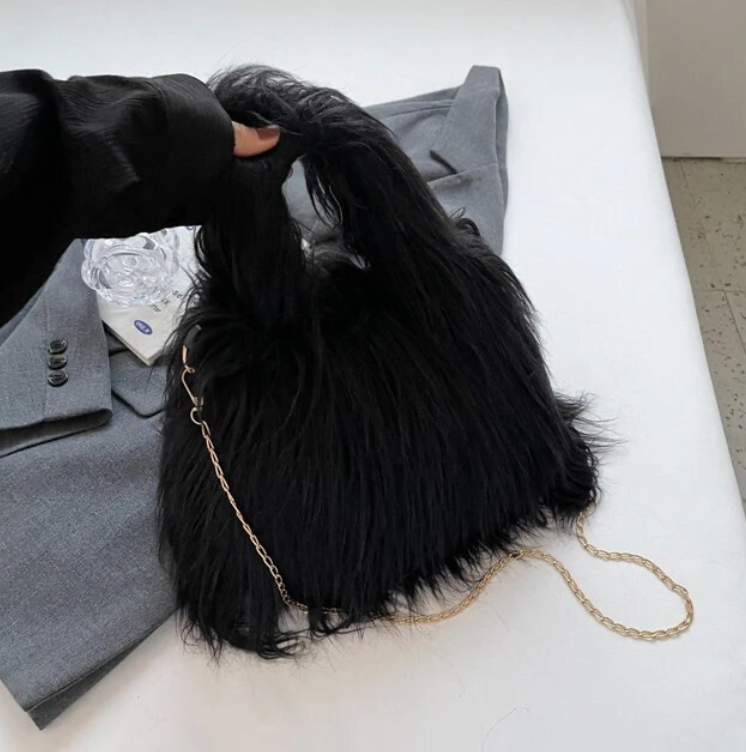 Fuzzy Faux Fur Shoulder Bag Tote Womans Plush Crossbody Handbag With Chain