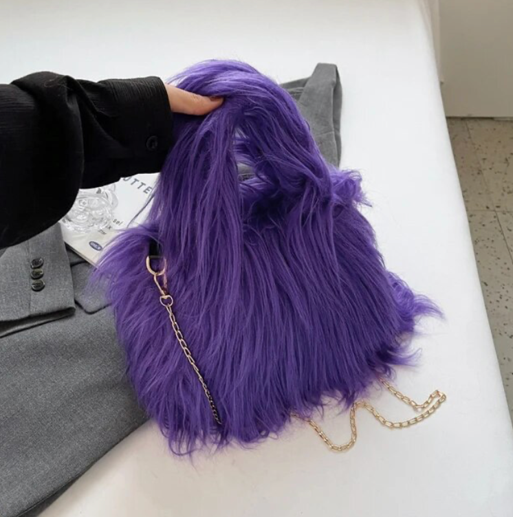 Fuzzy Faux Fur Shoulder Bag Tote Womans Plush Crossbody Handbag With Chain