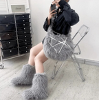 Womans Handbag And Shoes Set Furry Tote Criss Cross Design Bag With Plush fur boots