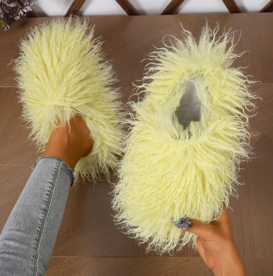 Furry Womans Home Slippers Warm Cozy Faux Fur Slip On House Slippers