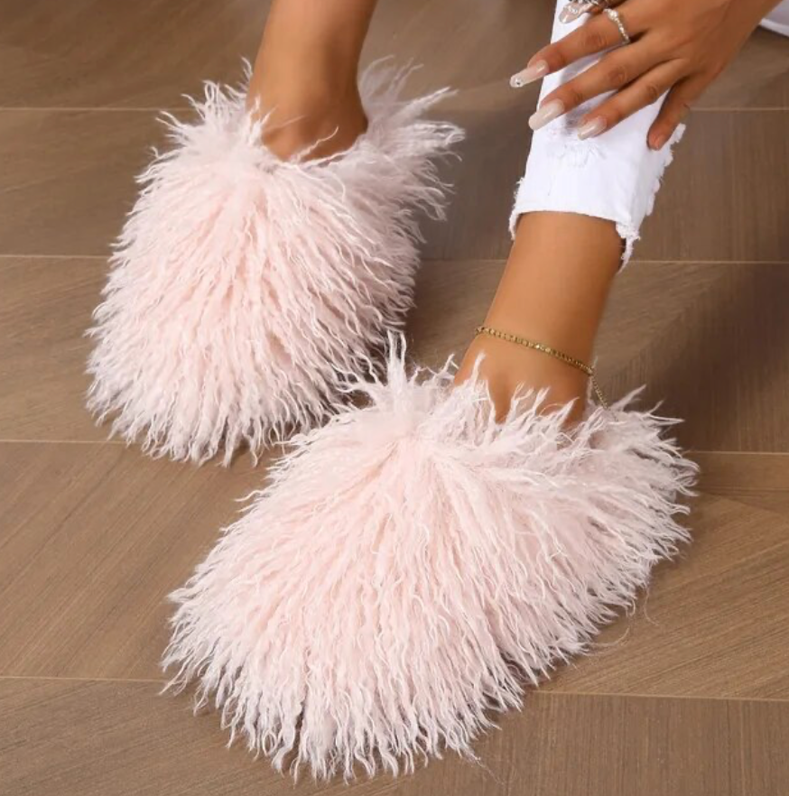 Furry Womans Home Slippers Warm Cozy Faux Fur Slip On House Slippers