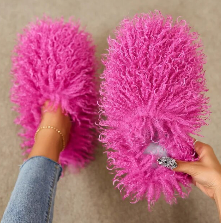 Furry Womans Home Slippers Warm Cozy Faux Fur Slip On House Slippers