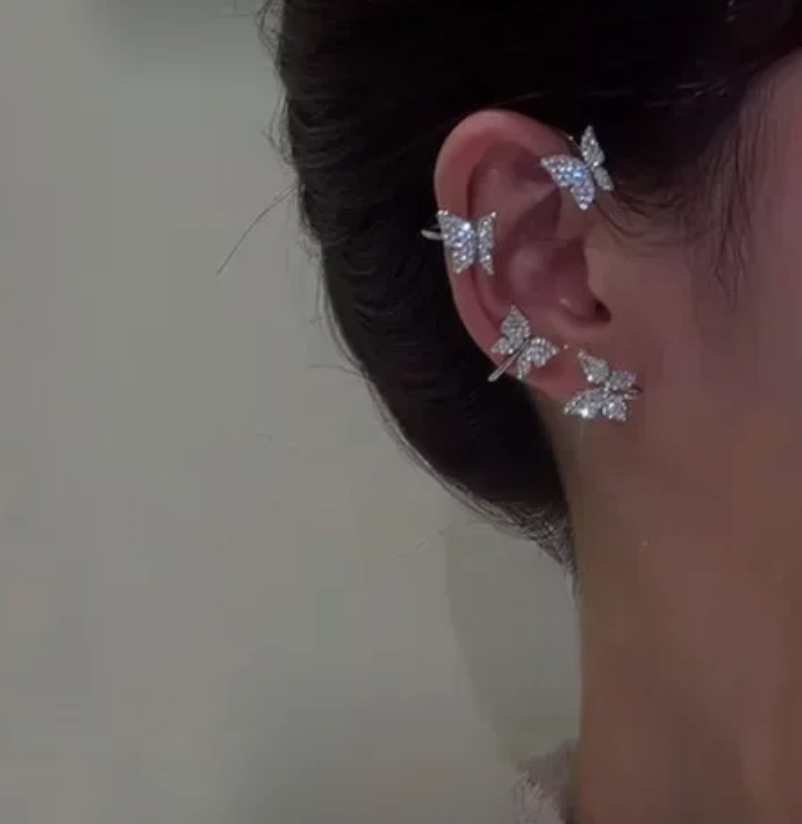 1 Pcs Cute Faux Ear Piercings Gold Silver Metal Rhinestone Butterfly Ear Decoration  Cuff Clip Jewelry