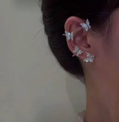 1 Pcs Cute Faux Ear Piercings Gold Silver Metal Rhinestone Butterfly Ear Decoration  Cuff Clip Jewelry