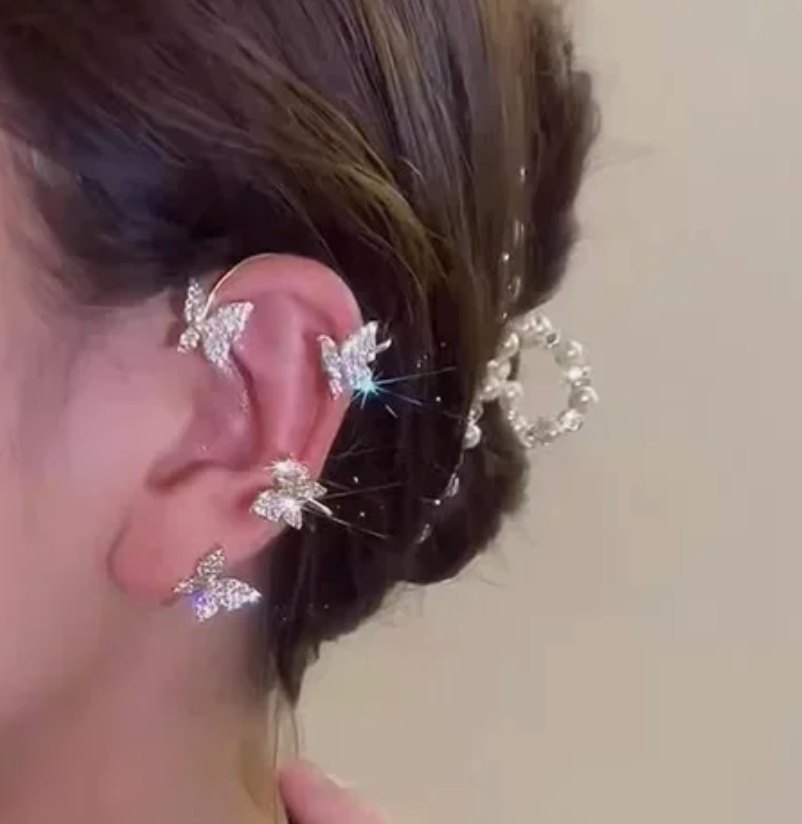 1 Pcs Cute Faux Ear Piercings Gold Silver Metal Rhinestone Butterfly Ear Decoration  Cuff Clip Jewelry
