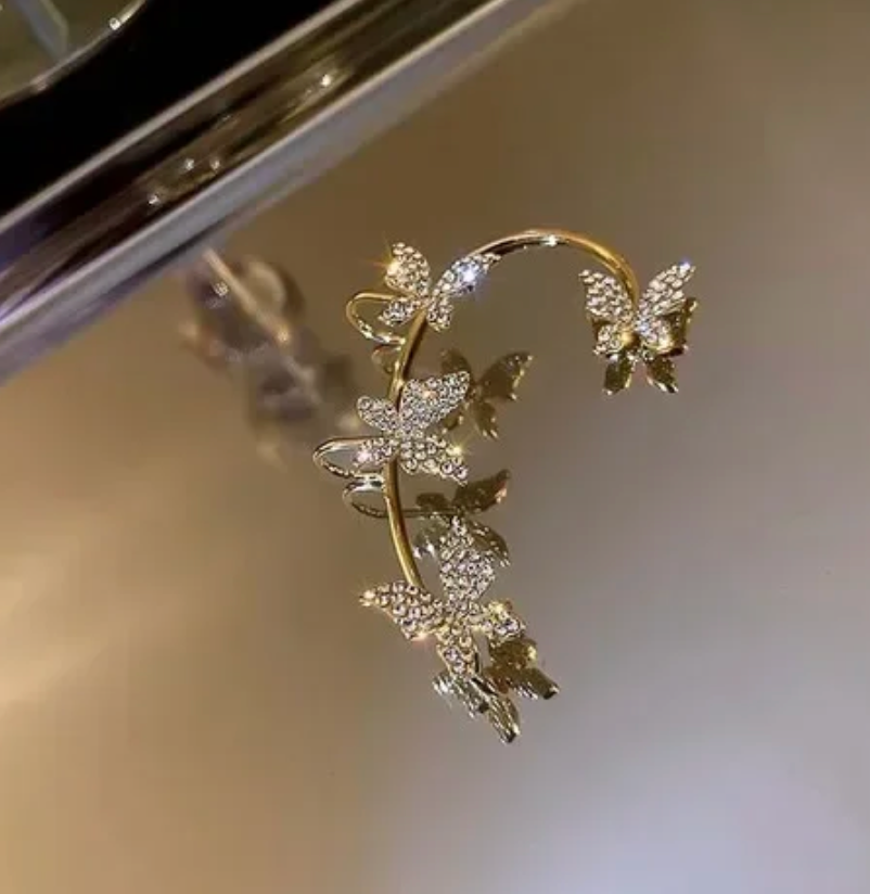 1 Pcs Cute Faux Ear Piercings Gold Silver Metal Rhinestone Butterfly Ear Decoration  Cuff Clip Jewelry