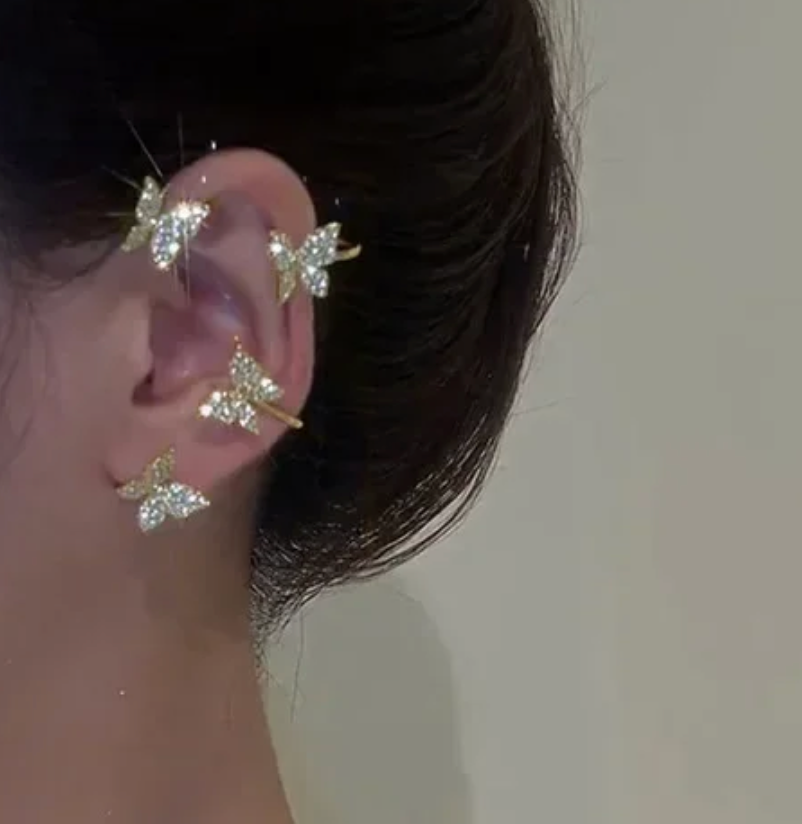 1 Pcs Cute Faux Ear Piercings Gold Silver Metal Rhinestone Butterfly Ear Decoration  Cuff Clip Jewelry