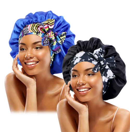 2 Pcs Satin Solid Boho Printed Sleeping Bonnet Women Bowknot Adjustable Night Cap