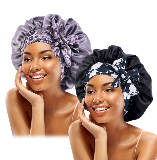 2 Pcs Satin Solid Boho Printed Sleeping Bonnet Women Bowknot Adjustable Night Cap