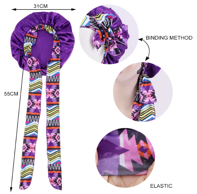 2 Pcs Satin Solid Boho Printed Sleeping Bonnet Women Bowknot Adjustable Night Cap