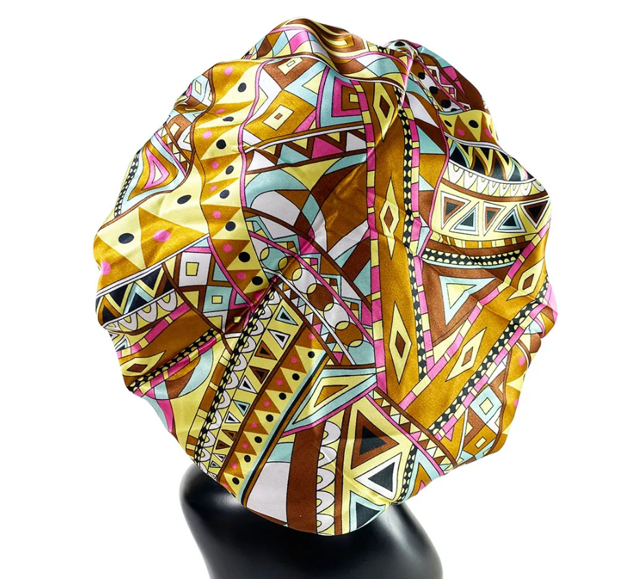 Womens Satin Ruffle Pattern Natural Hair Sleeping Night Cap Double Layer Bonnet