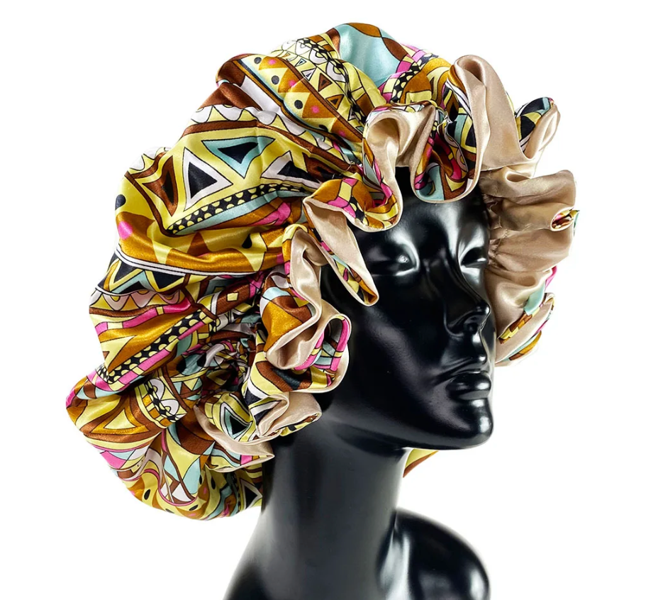 Womens Satin Ruffle Pattern Natural Hair Sleeping Night Cap Double Layer Bonnet