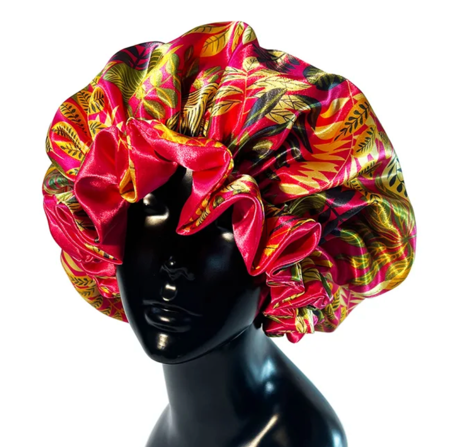 Womens Satin Ruffle Pattern Natural Hair Sleeping Night Cap Double Layer Bonnet