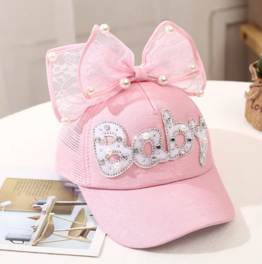 Childrens Summer Trending Outdoor Sun Cap Bowknot Summer Mesh Pearl Design Hat