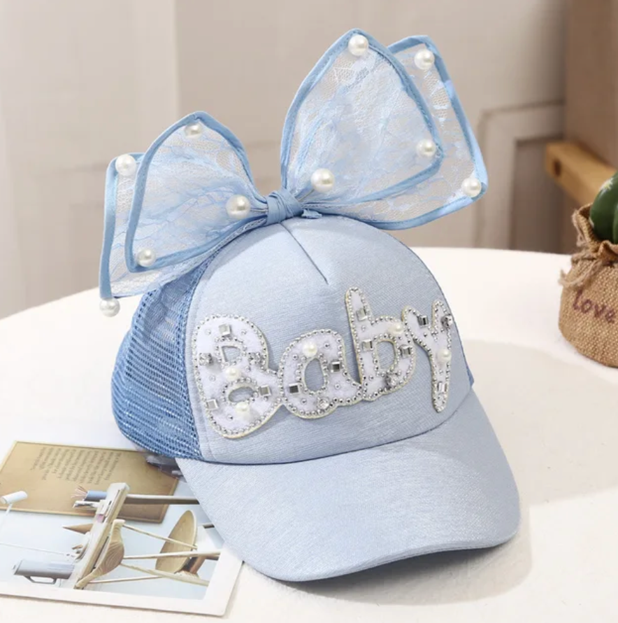 Childrens Summer Trending Outdoor Sun Cap Bowknot Summer Mesh Pearl Design Hat