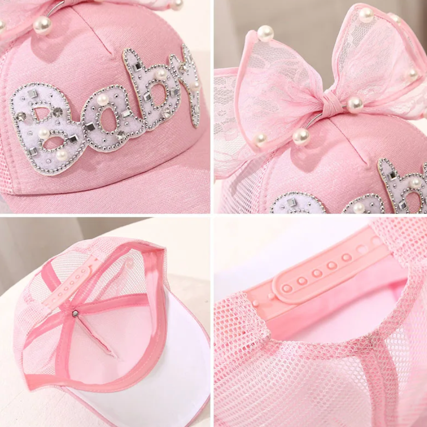 Childrens Summer Trending Outdoor Sun Cap Bowknot Summer Mesh Pearl Design Hat