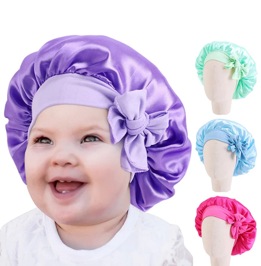 Solid color Satin Baby Bonnet Silk Cap With Band Tie Baby Sleeping Bonnet