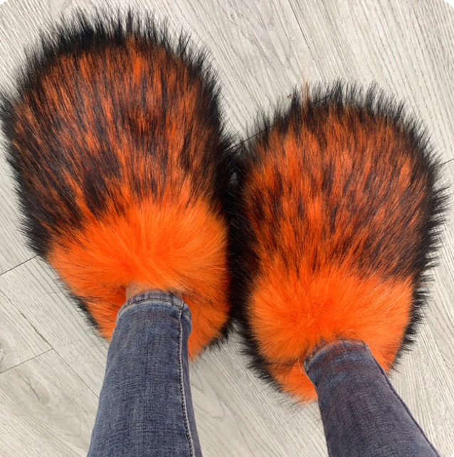 Fur Slippers Womans House Racoon Fur Woo Spikes Flat Trending Fashion Slides