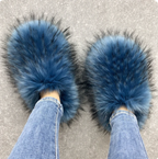 Fur Slippers Womans House Racoon Fur Woo Spikes Flat Trending Fashion Slides