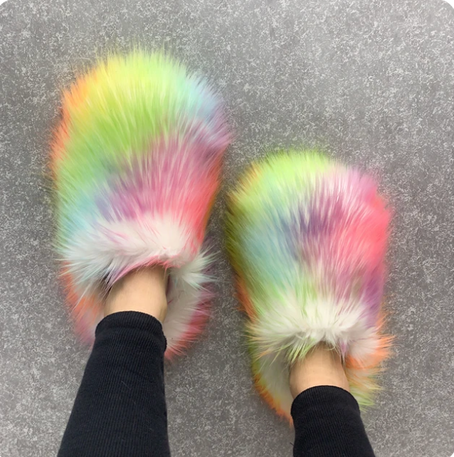 Fur Slippers Womans House Racoon Fur Woo Spikes Flat Trending Fashion Slides