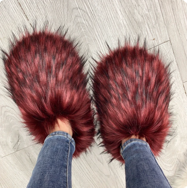 Fur Slippers Womans House Racoon Fur Woo Spikes Flat Trending Fashion Slides