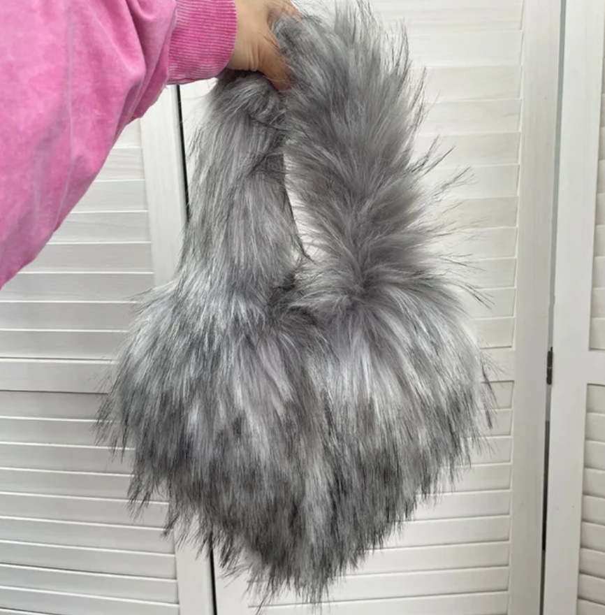 Plush Womans Handbag Heart Faux Fur Shoulder Bag Hand bag Love Tote Bag