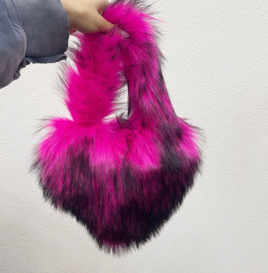 Plush Womans Handbag Heart Faux Fur Shoulder Bag Hand bag Love Tote Bag