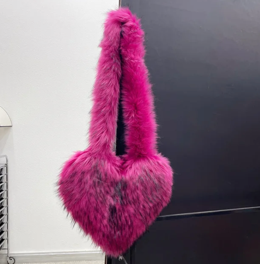 Plush Womans Handbag Heart Faux Fur Shoulder Bag Hand bag Love Tote Bag