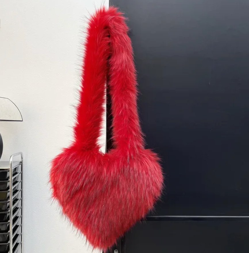 Plush Womans Handbag Heart Faux Fur Shoulder Bag Hand bag Love Tote Bag