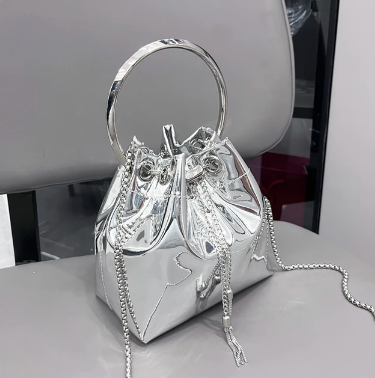 Metalic Womans Cross Body Chain Handbag Solid Color Evening Clutch Party Purse