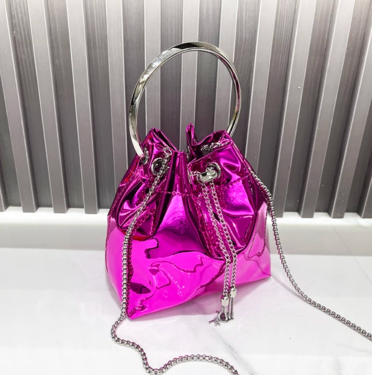 Metalic Womans Cross Body Chain Handbag Solid Color Evening Clutch Party Purse