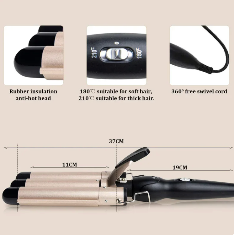 Hair Curling Iron Barrel Curler Beach Wave 3 Barrels Crimping Styling Tool